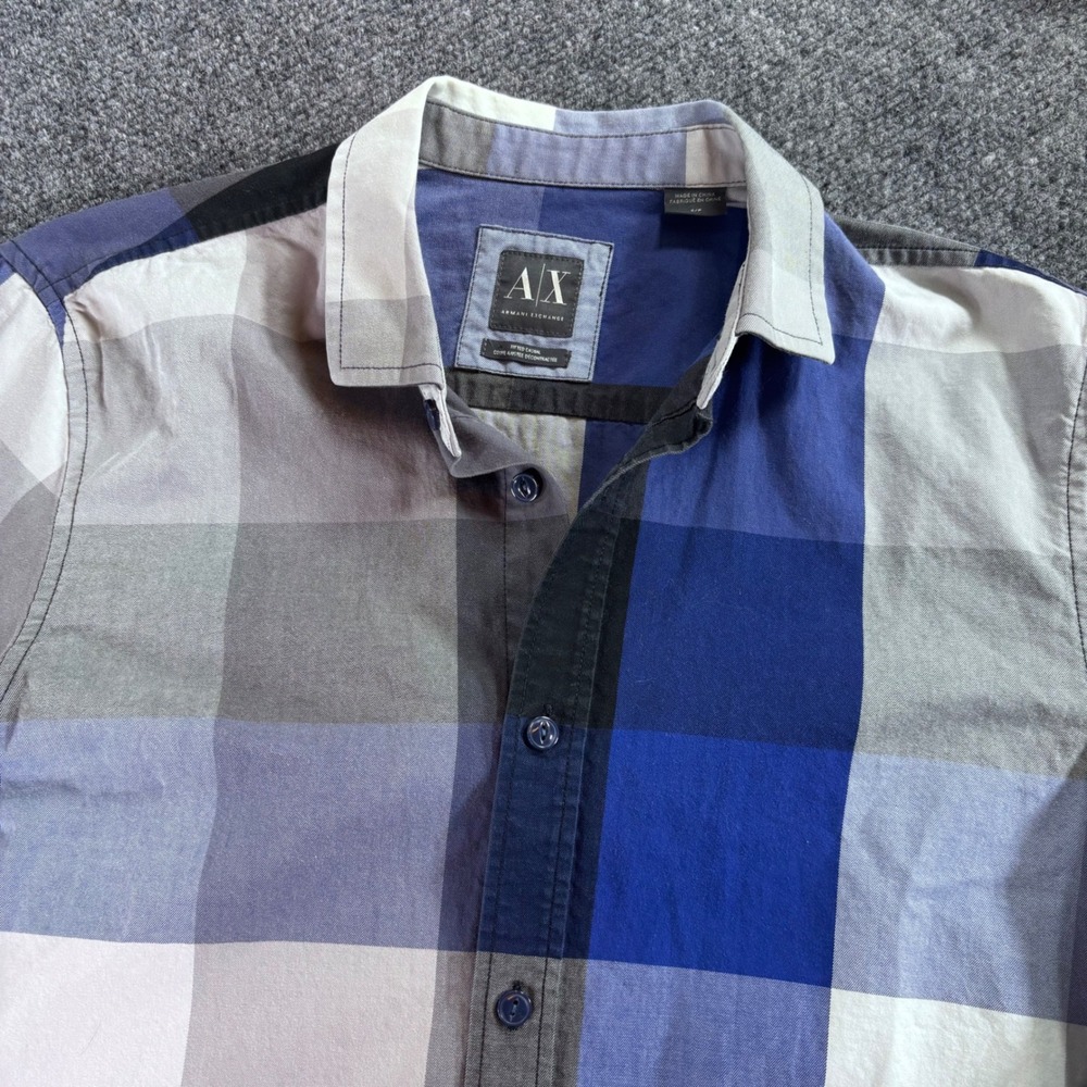 Armani Exchange Button Down Shirt Mens Small Blue Grey Large Check Plaid Fitted - Picture 6 of 8